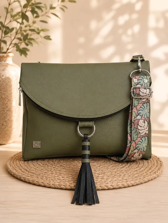Cartera verde oliva con correa estampada